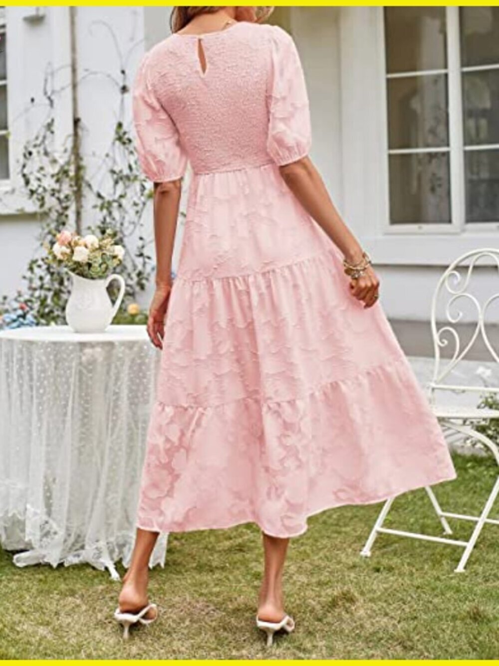 Summer Puff Sleeve Smocked Floral Dress Elegant Midi Tiered A-Line - Picture 4 of 7